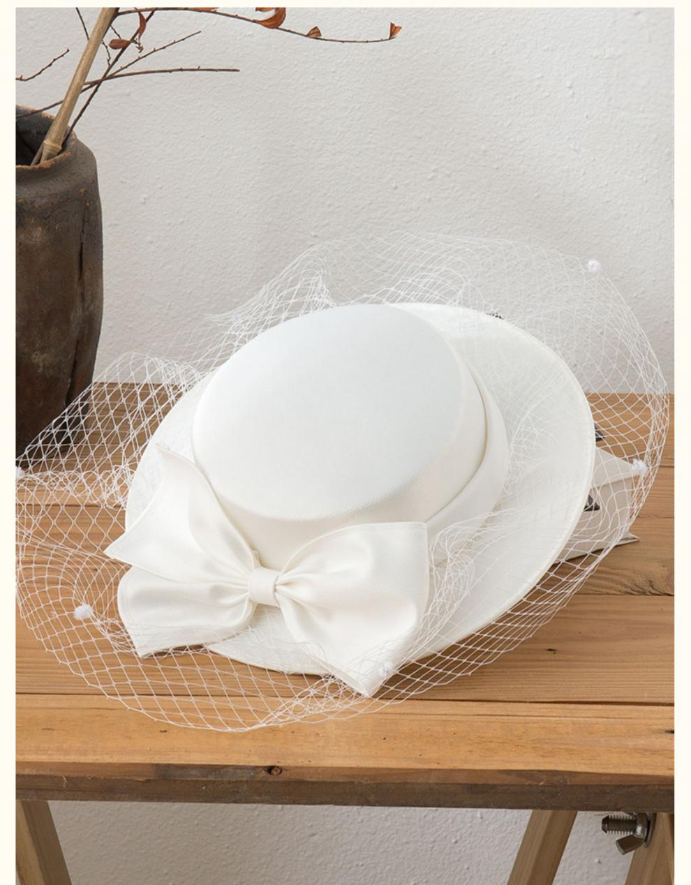 中老年女士帽子女春秋薄款网纱帽法式平顶新娘婚纱拍照白色礼帽夏复古