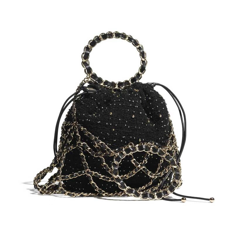 chanel香奈儿女包女包抽绳包链条编制单肩斜跨包黑色斜纹软呢材质