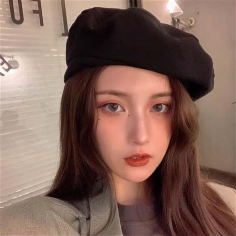 新款韩版网红同款时尚百搭气质贝雷帽超火外搭纯色帽子女黑色55575