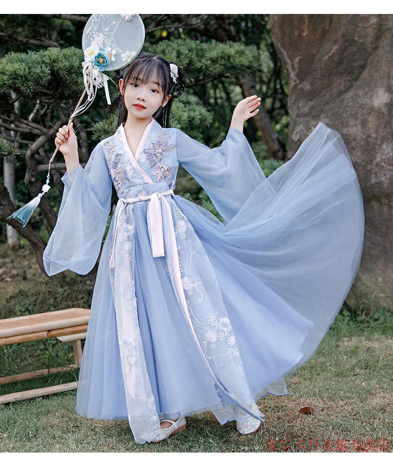 皮尔卡丹品牌3到12岁洋气小女孩穿的中国风女童汉服春季2022新款儿童