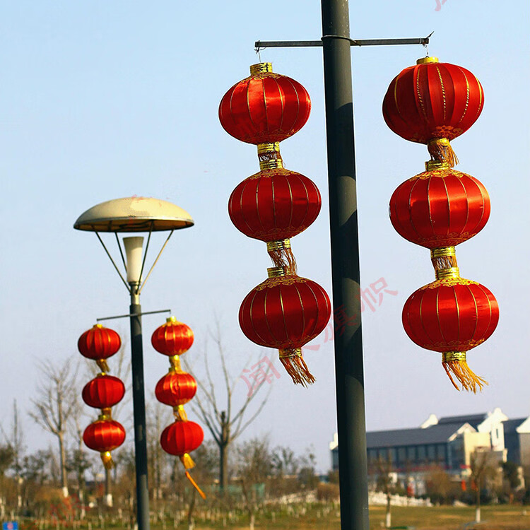 大红灯笼过年春节户外装饰新年大门口路灯杆三联串灯笼灯杆 浅灰色 3