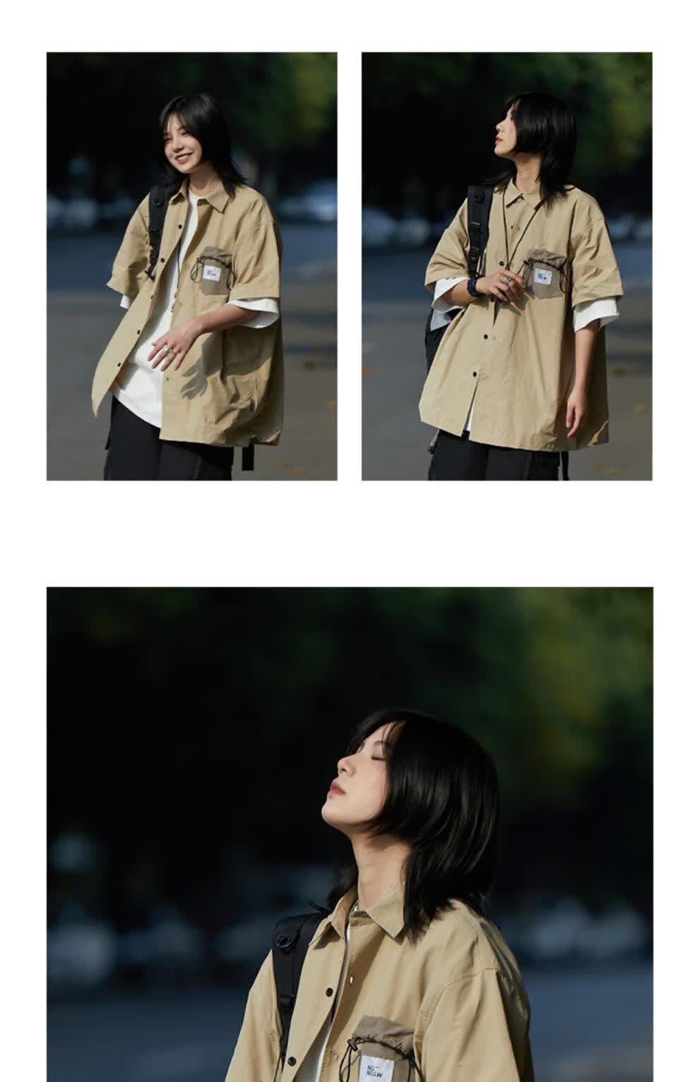 你初恋老王衬衫男夏季工装七分袖衬衣外套 深灰色 l【图片 价格 品牌