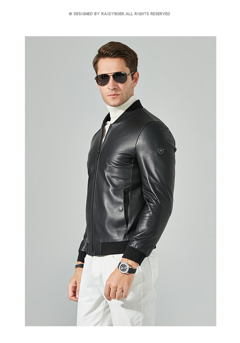 raidyboer雷迪波尔秋冬男时尚休闲修身棒球领绵羊皮皮衣203670黑色