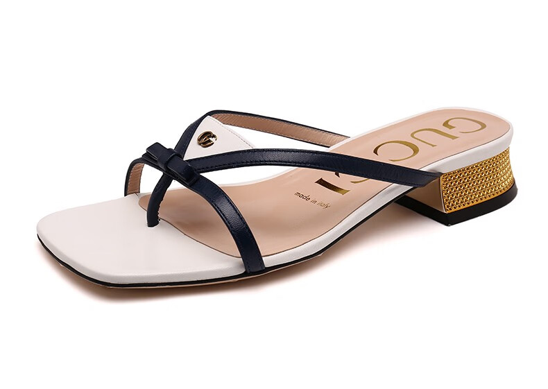 买手代购gucci古驰女鞋春夏新品女士深蓝色牛皮革拖鞋人字拖深蓝色38