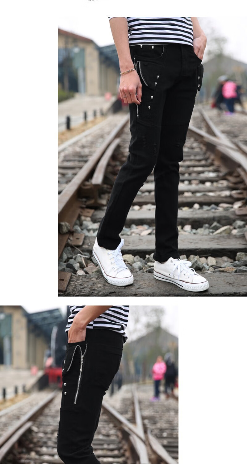 青少年学生潮流个性休闲小脚裤非主流春秋修身牛仔裤男百搭黑长裤 大