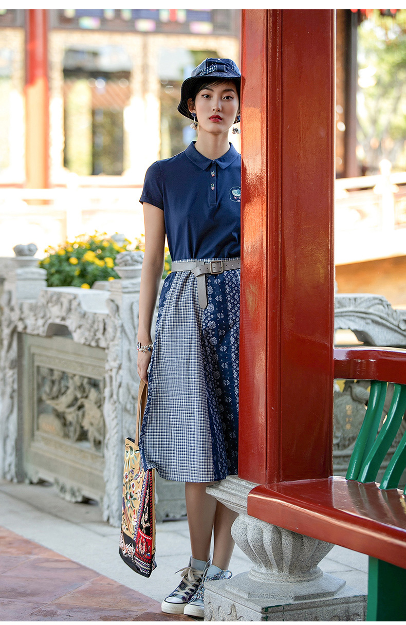 渔女装半身裙2022新款夏季纯棉薄款提花拼接格纹中长裙灰蓝16064as