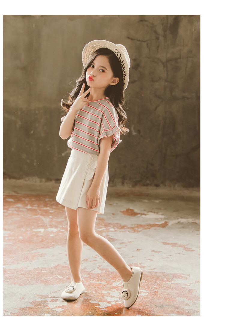耐克阿迪达斯童装女童套装夏季新款夏装韩版儿童条纹休闲时尚女孩两