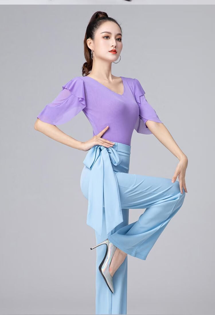 摩登舞上衣新款拉丁舞服装女国标交谊舞蹈服专业形体练功服宝蓝色m