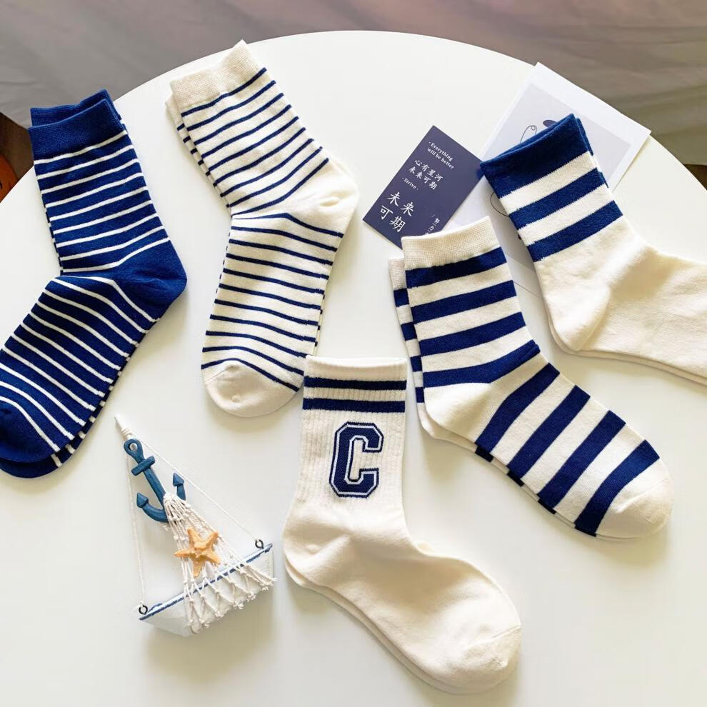 醉艳袜子女蓝白袜ins潮日系百搭情侣春夏薄款运动长袜男 蓝白条纹 35