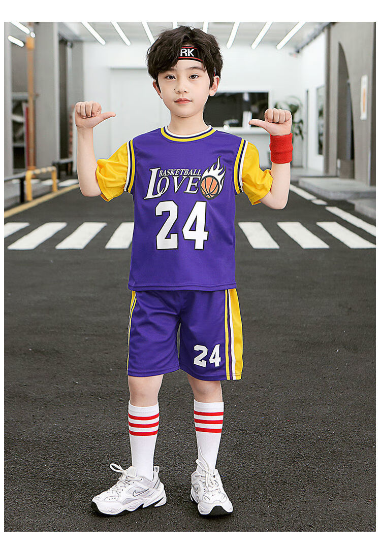 滕讯体育nba同款儿童短袖篮球服秋意24号班服队服套装男篮球衣2022年