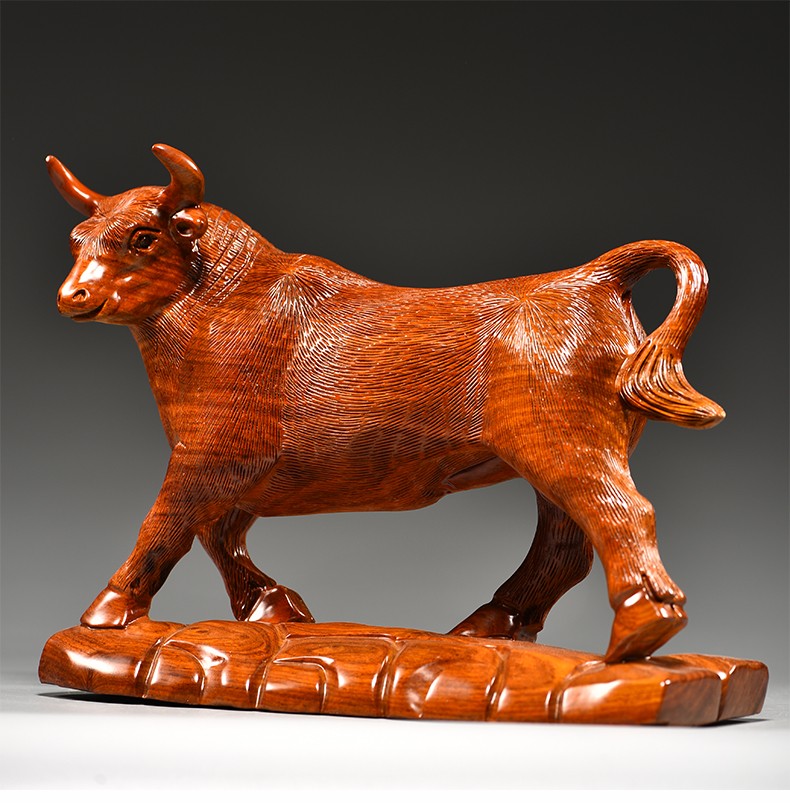 善逸花梨木雕牛摆件工艺品实木牛气冲天生肖牛家居客厅玄关董事长总