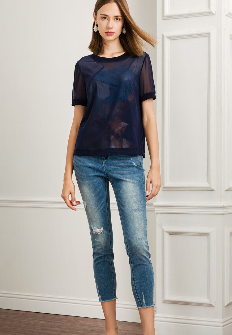 娜尔思紫色夏装女新款短袖通勤套头上衣百搭气质印花短袖t恤暗青紫色