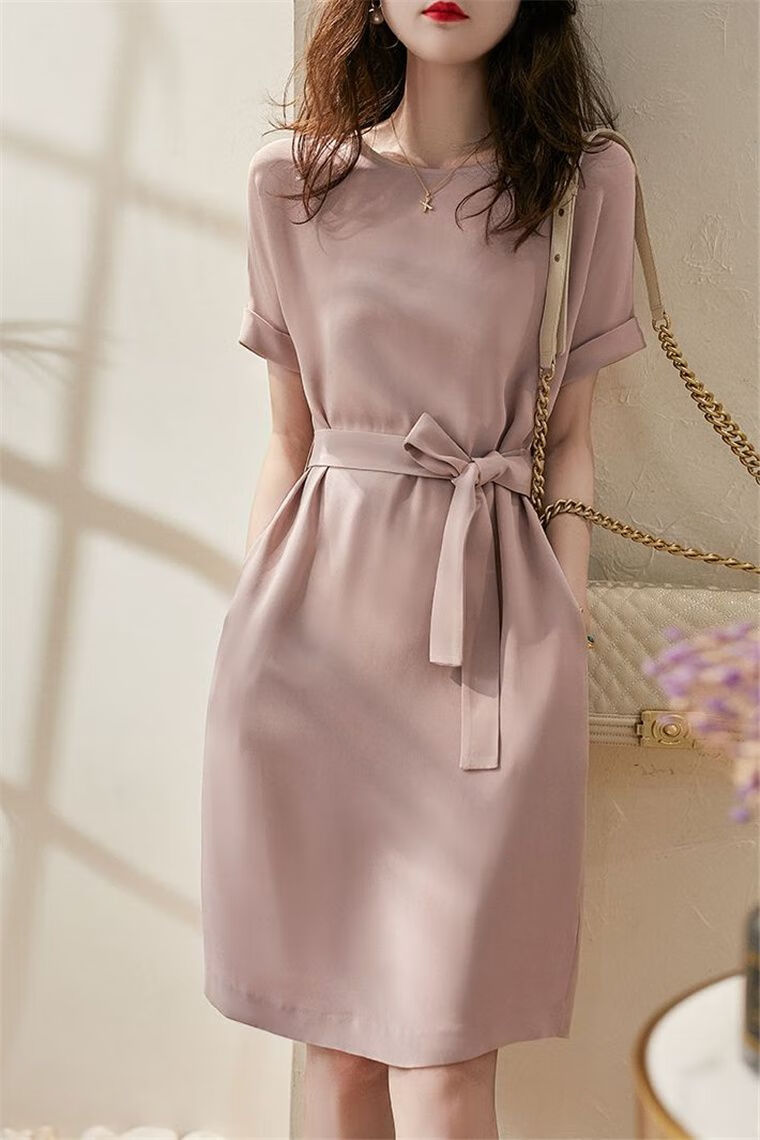 夏装桑蚕丝连衣裙夏季加肥加大码重绉女新时尚雾粉系带裙子粉红色s