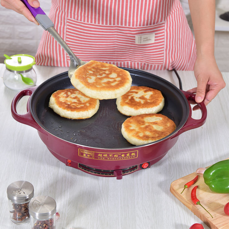 宜中煎锅家用多功能做饼加深加大不锈钢平底锅插电水煎包专用锅红豪华