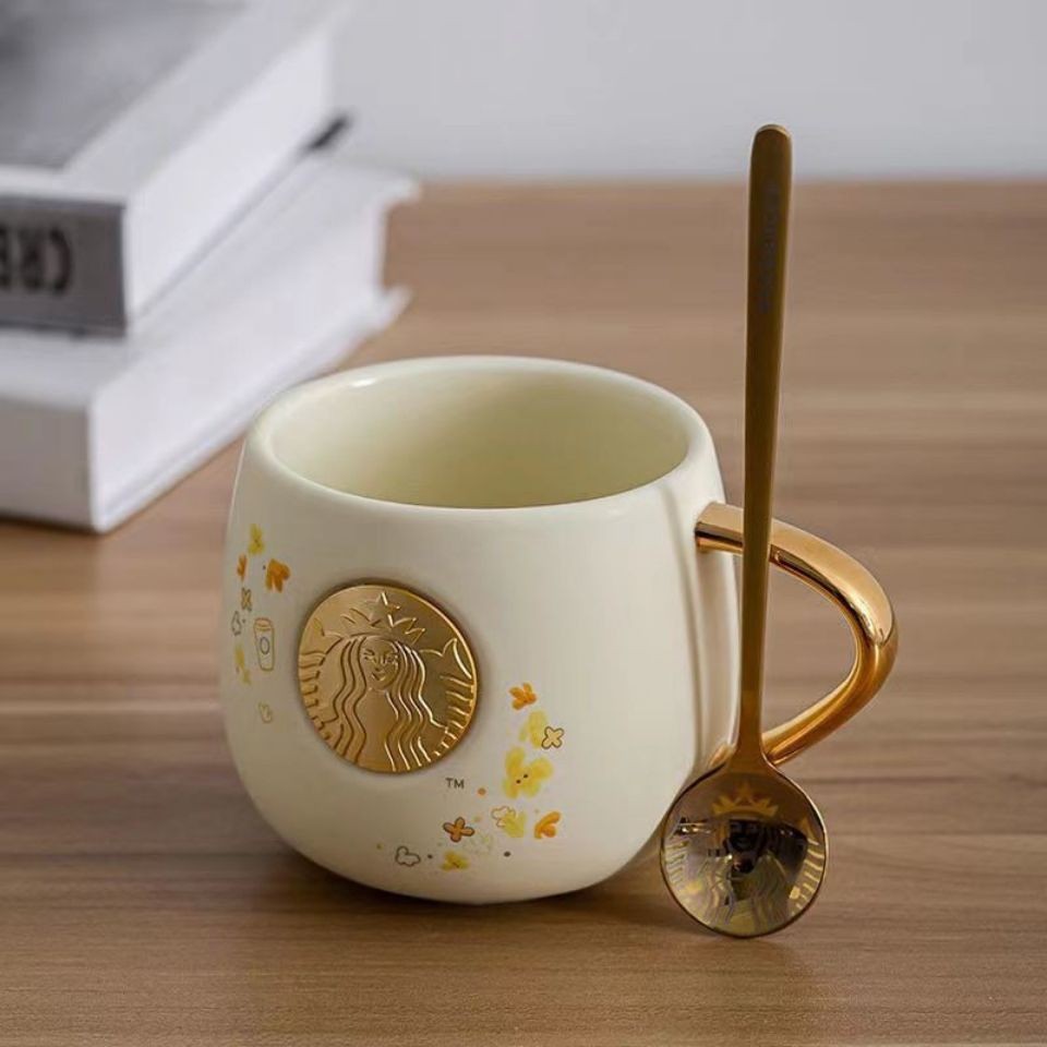 星巴克马克杯水杯280ml新款金桂花陶瓷咖啡杯情侣桂花盖女神礼盒桂花