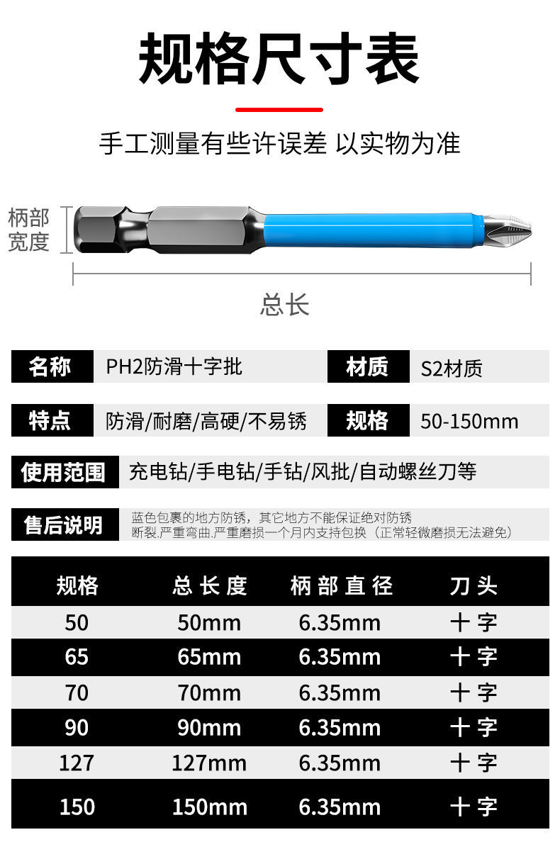 批头防滑十字批头钻头套装高硬度强磁手电钻螺丝批头电动螺丝刀加长风
