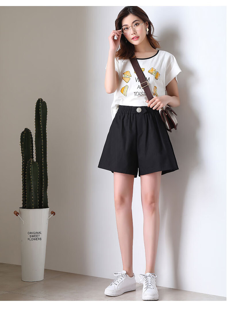 佳泽雨短阔腿裤女宽松高腰新款韩版显瘦a字休闲短裤 黑色 l