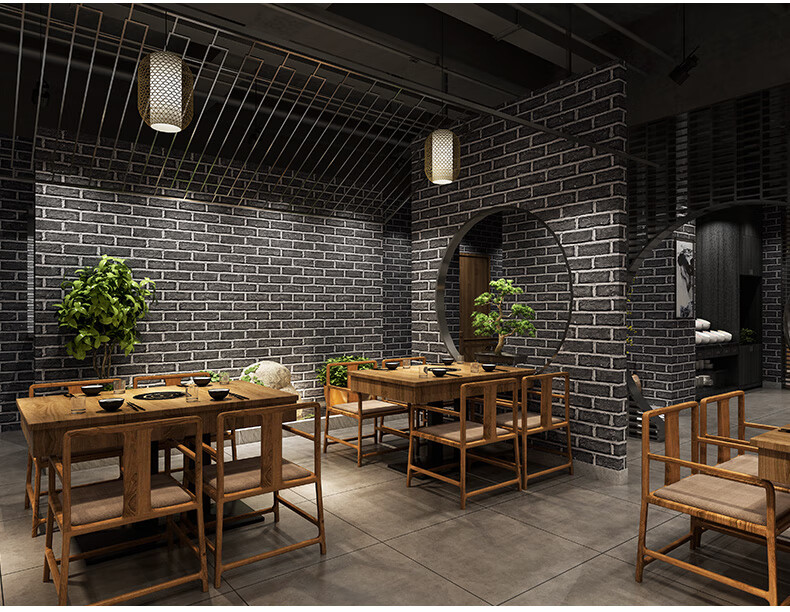 中式青砖砖块砖头仿砖复古砖纹墙纸餐厅饭店美发店仿古纸红砖 非自粘