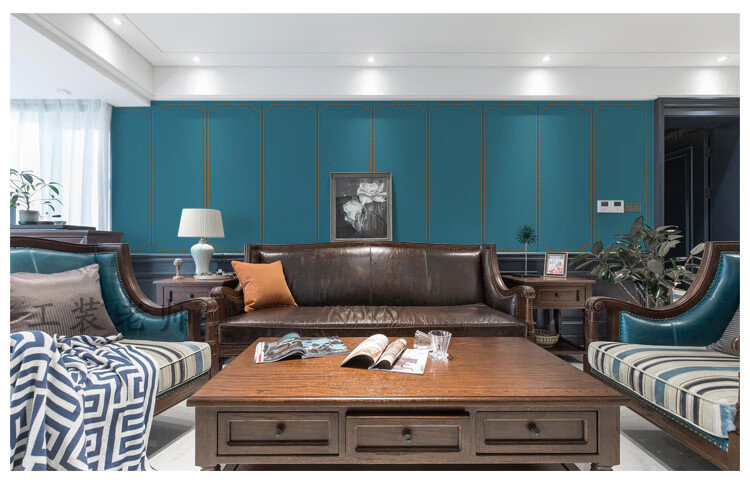 美式孔雀蓝墙布无缝 孔雀蓝色背景墙壁纸 轻奢客厅沙发电视墙纸现代
