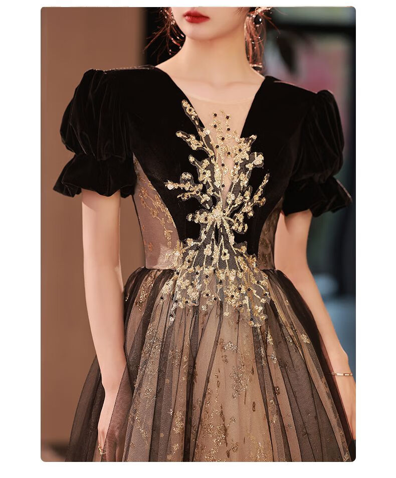 智妤音乐艺考礼服女黑色晚轻奢小众感年会在逃公主气质主持人高定v领