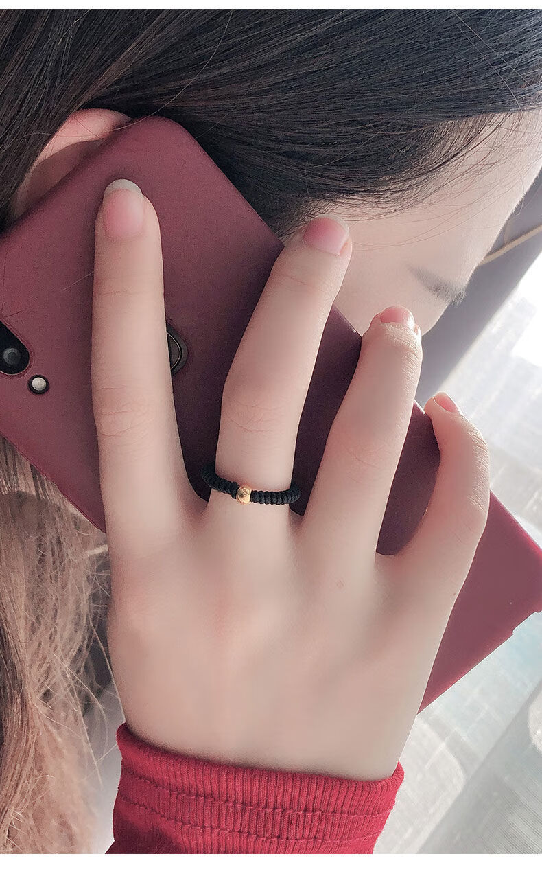 tjp抖音同款小金豆黑绳转运珠戒指女情侣戒指小金珠编织金戒指【3月9