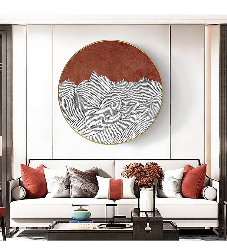 倾色画境新中式禅意书房画抽象线条晶瓷画铝合金装饰画圆形画客厅玄关
