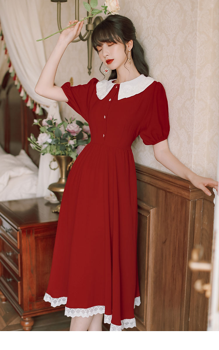 亿梵莎女生红色连衣裙少夏装2022新款青少年初中高中学生娃娃领甜美