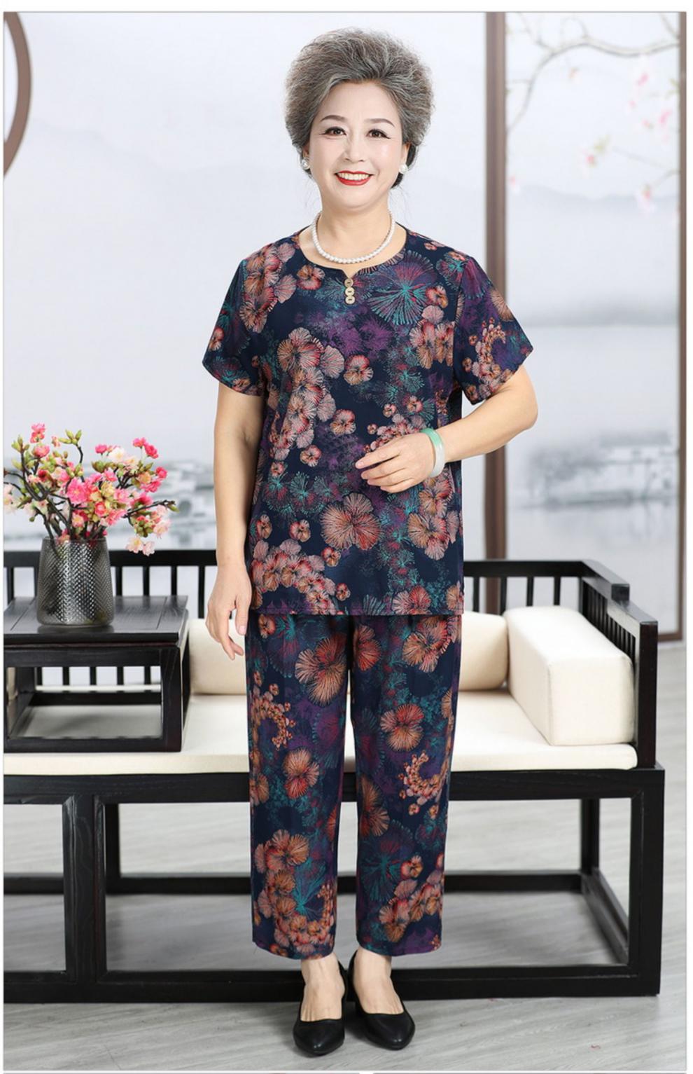 老年人妈妈两件套圆领老人衣服家居服棉绸老太太短袖可外穿六号色上衣