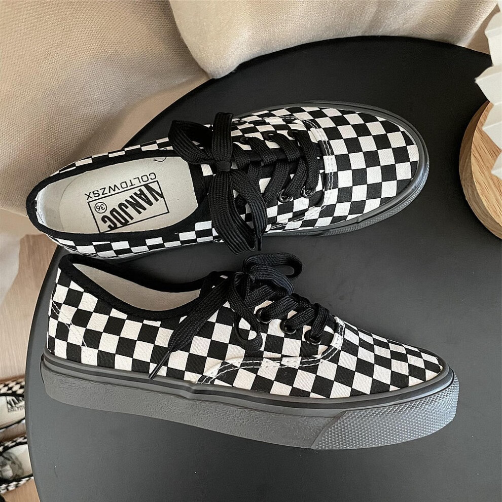 棋盘格鞋黑白棋盘格子帆布鞋女秋季低帮休闲板鞋韩版百搭情侣鞋子潮男
