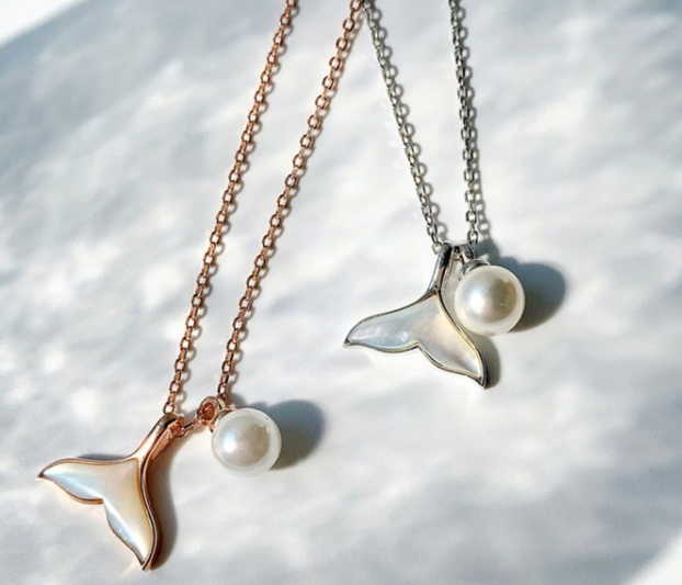 鲸鱼尾巴项链925银银鱼尾珍珠项链鲸鱼海豚尾美人鱼尾巴锁骨链女玫瑰
