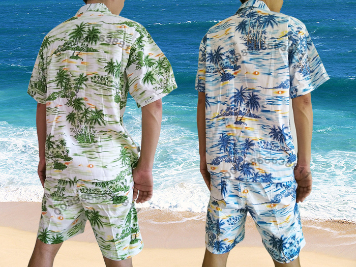 海边旅游度假沙滩衣服男海南衫海岛服金椰棉绸衬衫三亚印花套装居家