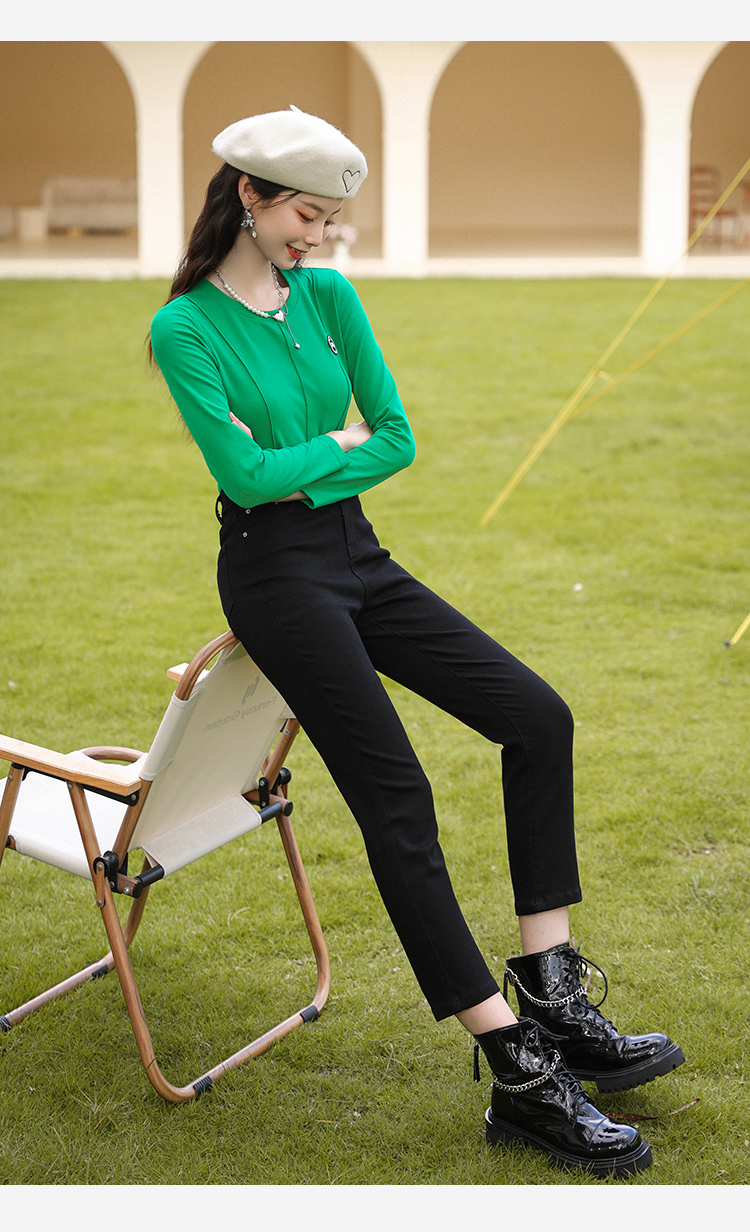 朵以2022秋季新款高腰修身弹力时尚贴标牛仔裤百搭烟管裤长裤女37vq21