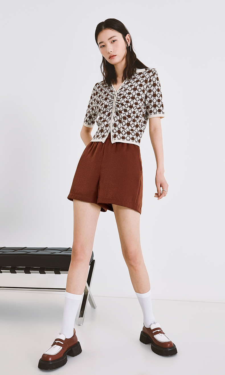 ochirly欧时力短裤女2022新款夏棕色裤子直筒高腰 啡色810 m【图片