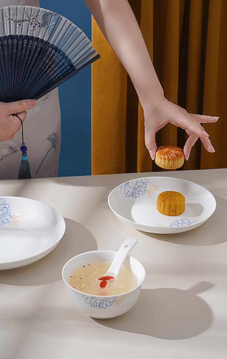 松发瓷器餐具松发20头蓝宝牡丹中式月光瓷碗盘家用套装餐具中国风礼盒