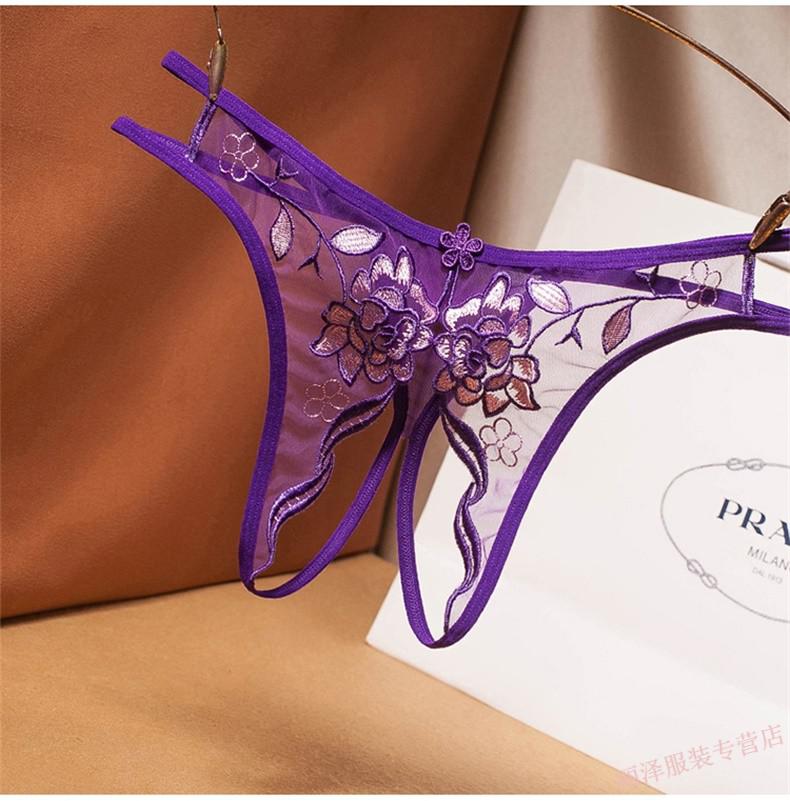 浪莎精品丁字裤女蕾丝内裤刺绣透明薄款开档低腰无痕短裤火辣纯欲风情