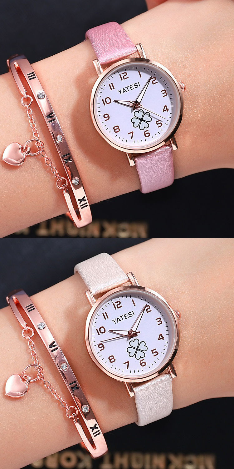 网红手表女生韩版时尚百搭初中少女心学院风夜光女士手表四叶草款红色