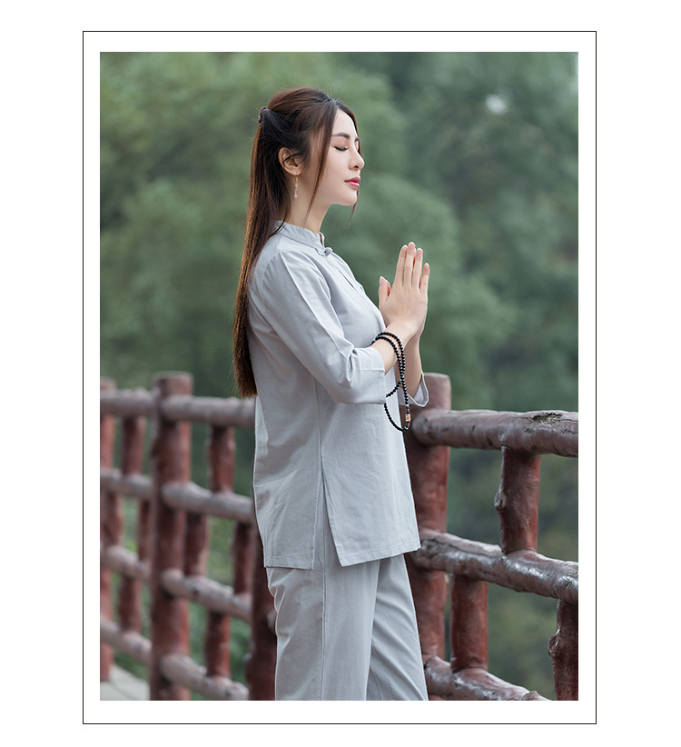 棉麻瑜伽服套装女夏季休闲复古禅修服七分袖上衣 百搭