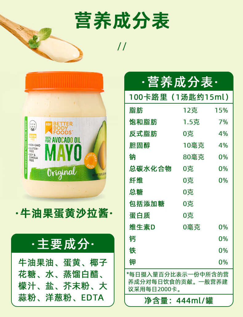 5折墨西哥进口bbf牛油果果酱低卡蛋黄酱沙拉酱生酮调味酱料444ml 牛油