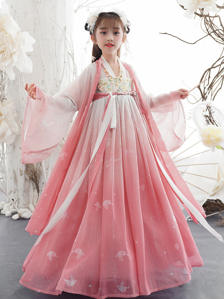 商场同款女童汉服春秋古风大袖衫襦裙粉色超仙连衣裙儿童唐装小女孩