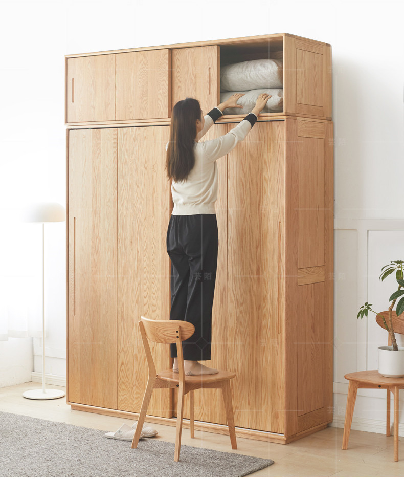 墨绩 实木衣柜 现代简约橡木移门储物柜北欧樱桃木卧室推拉门定制衣橱