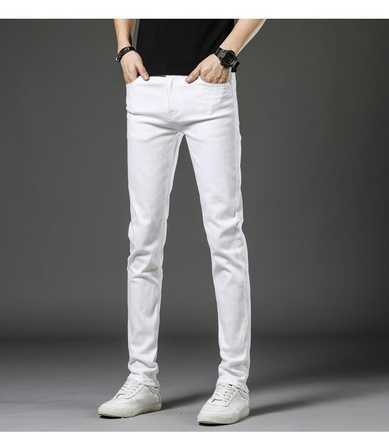 韩版白色牛仔裤男秋季男士潮流修身弹力纯白色小脚裤夏季薄款长裤