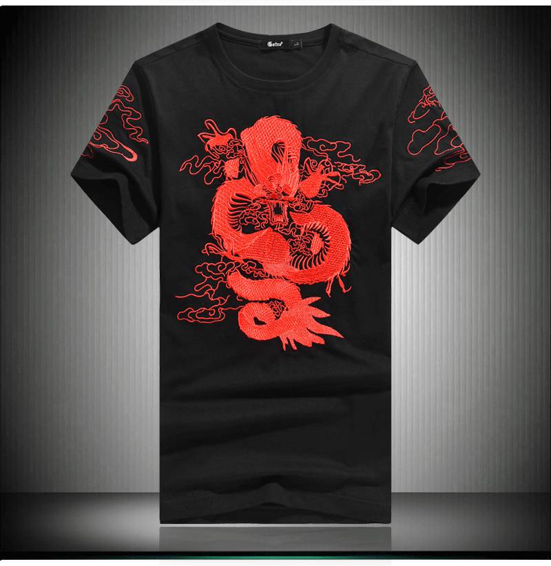 有龙图案的衣服中国风男装夏季短袖t恤龙图案刺绣大码男士半袖修身潮