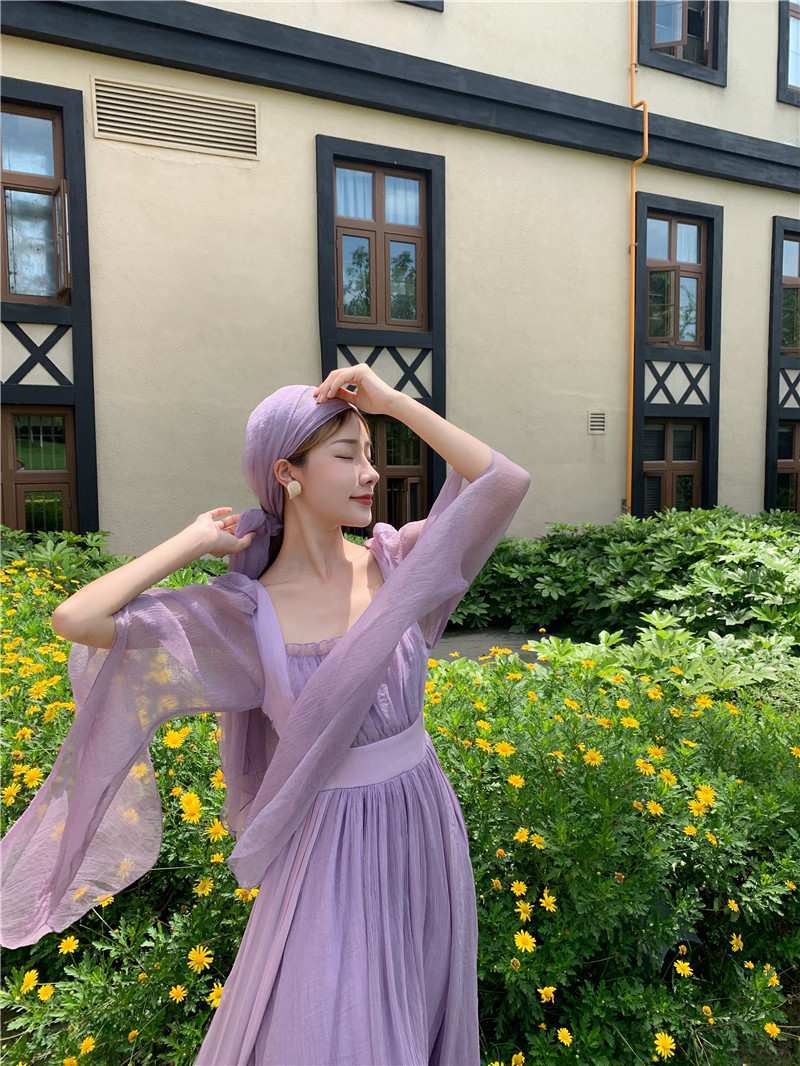 大裙摆长裙连衣裙宫廷风方领紫色仙气飘逸喇叭袖大裙摆长裙 紫罗兰