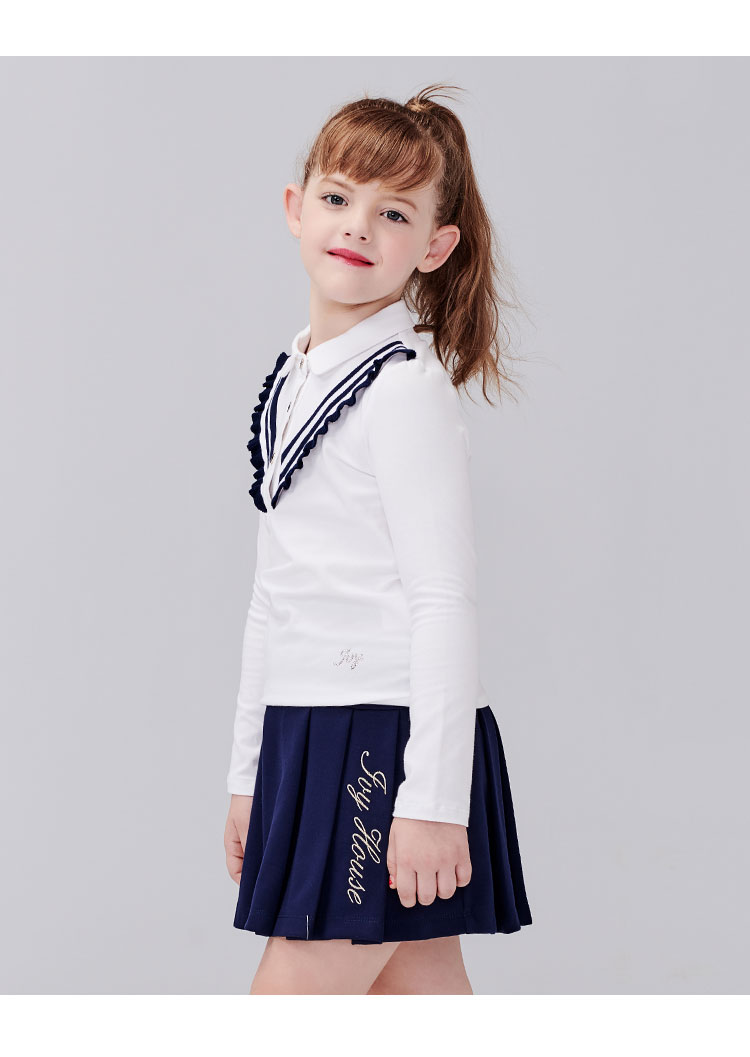 ivyhouse常春藤童装2020春季新款女童弹性针织校园风蓝白t恤白色130cm
