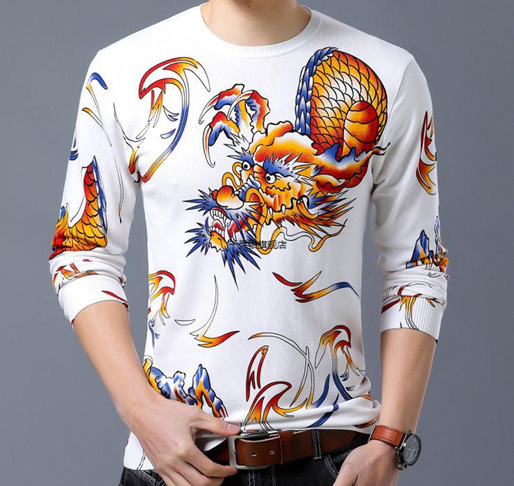 有龙图案的衣服春秋季装长袖t恤男士花纹带龙针织衫霸气古惑仔打底衫