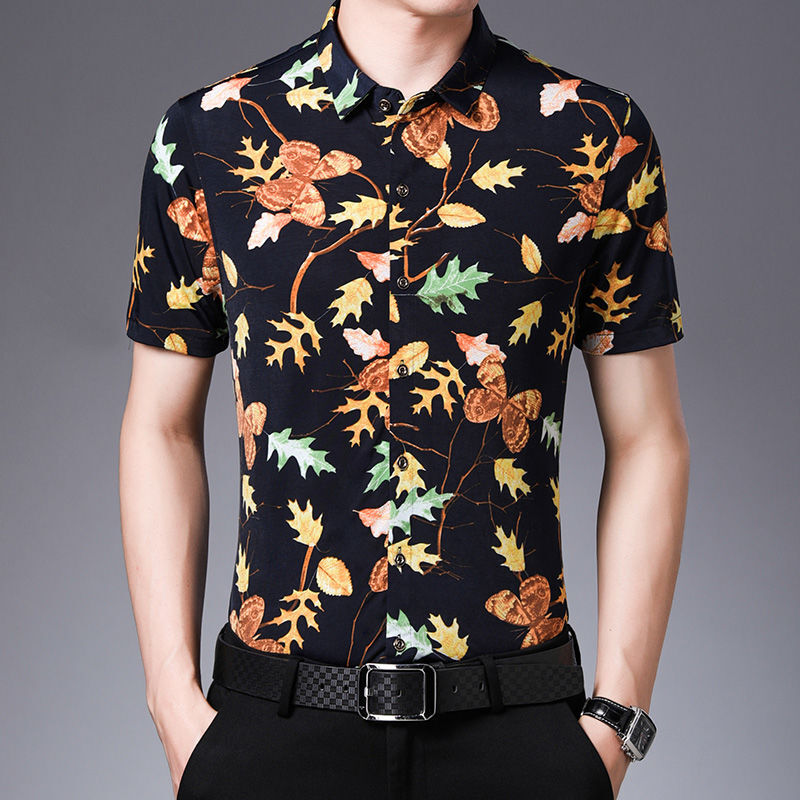 夏季男士短袖花衬衫 印花大码时尚休闲冰丝潮男免烫龙纹衬衣半袖y 桔