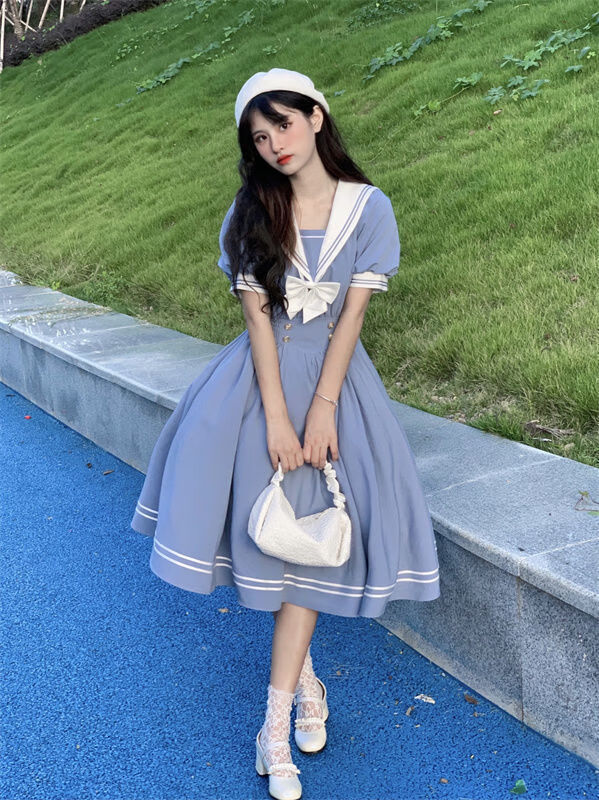ahka学院风夏季甜美海军领jk短袖连衣裙女学生韩版显瘦中长款a字裙子