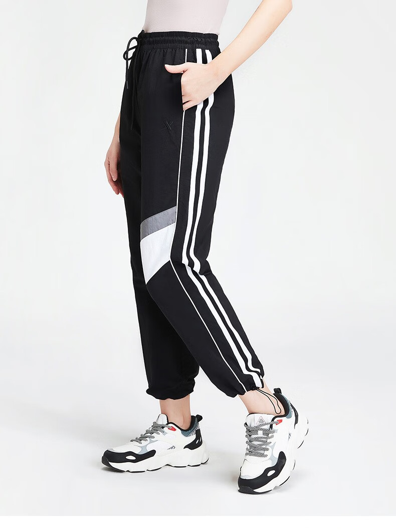 特步女运动裤年春季长裤时尚休闲裤宽松便捷系带裤子黑色2xl