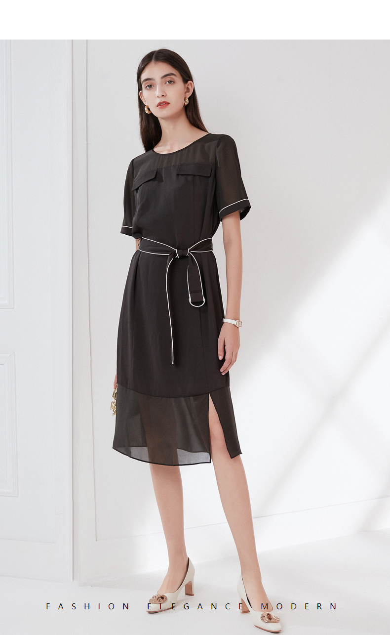 商场同款卡迪黛尔女装春季夏季新款气质中长裙网纱雪纺连衣裙灰翠绿色