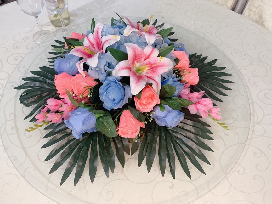精选酒店餐桌花仿真花大圆桌摆花转盘餐桌花艺玫瑰绢花台花装饰花春暖